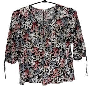 Ava James White Black Gray Floral Polyester Blend 3/4 Sleeve Top Womens 1X Shirt